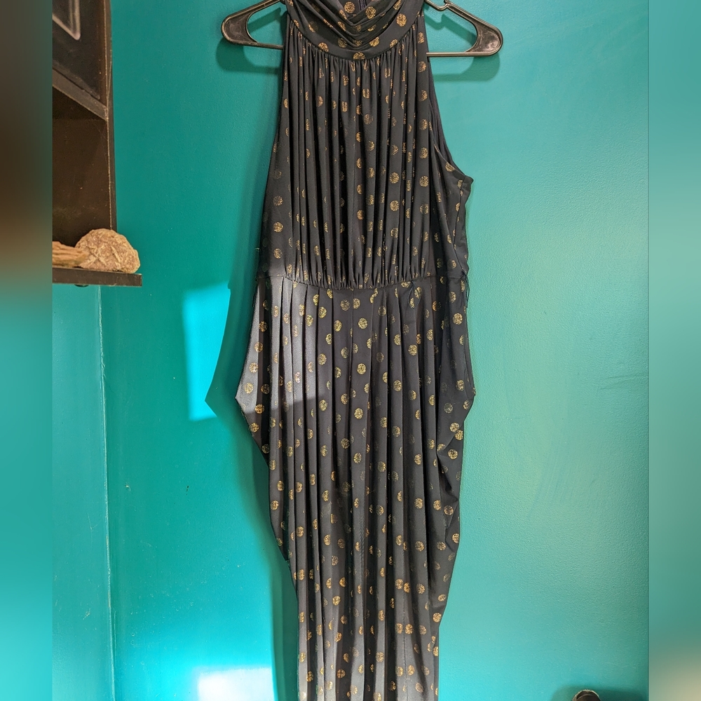 TOMMY HILFIGER WOMEN'S NAVY BLUE & GOLD POLKA DOT SLEEVELESS HALTER DRESS